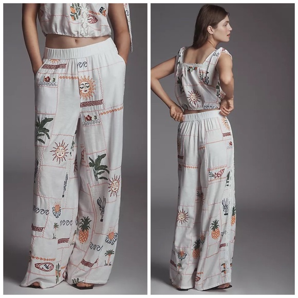 Anthropologie‎ Pilcro Embroidered Patchwork Pants Tropical Vacation Baggy L Tall